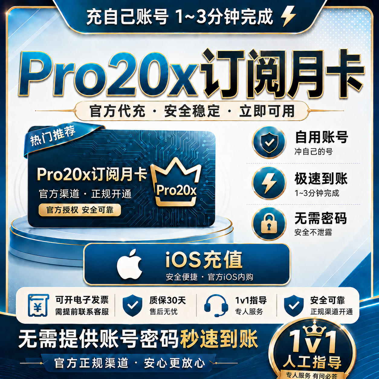 Codex Pro 20x代充 【IOS渠道、质保订阅~】可覆盖,任何账号可充!