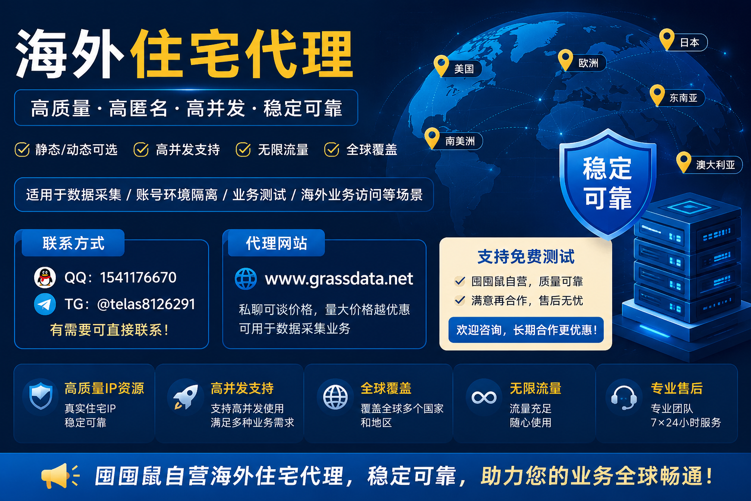 高质量海外静态，动态住宅代理，支持高并发、无限流量，详情看商品描述