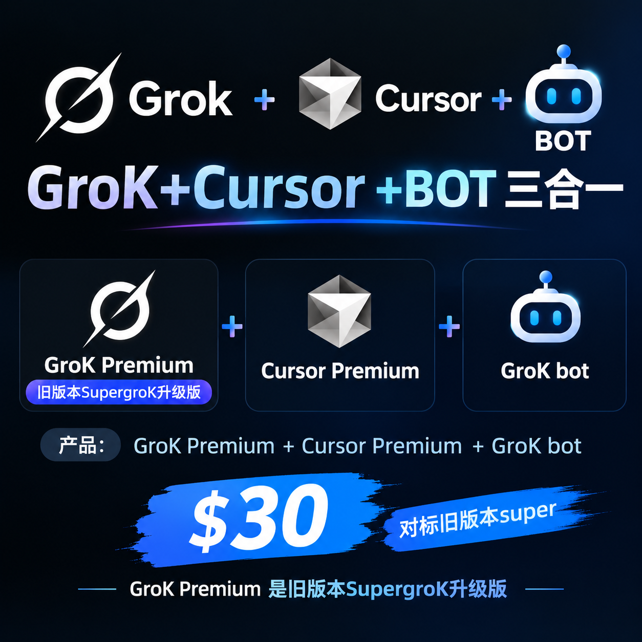 质保10天 SupergroK成品号30美金套餐【GroK Premium + Cursor Premium】缩略图