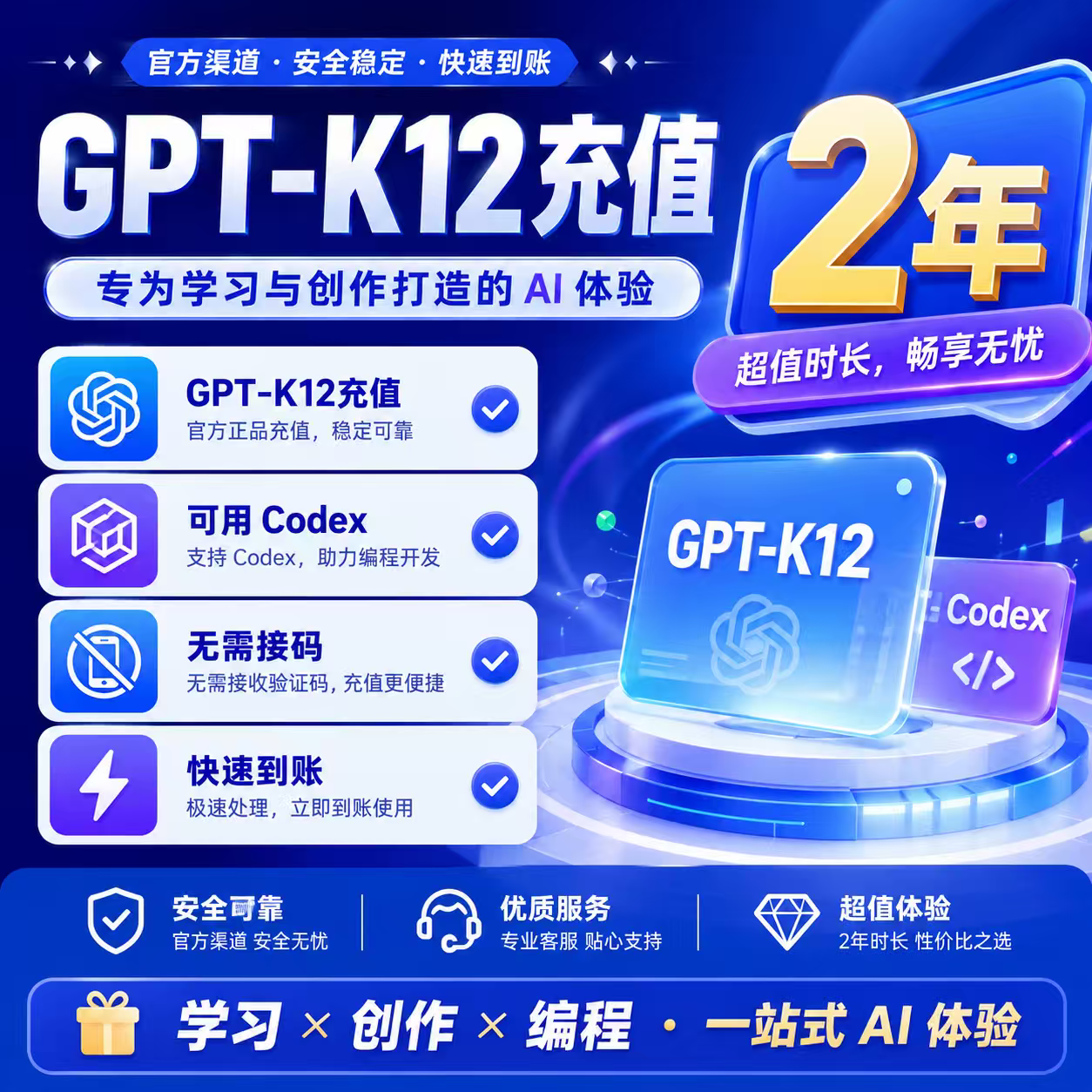 【GPT-K12充值】理论2年，无需接码，可用codex商品图片