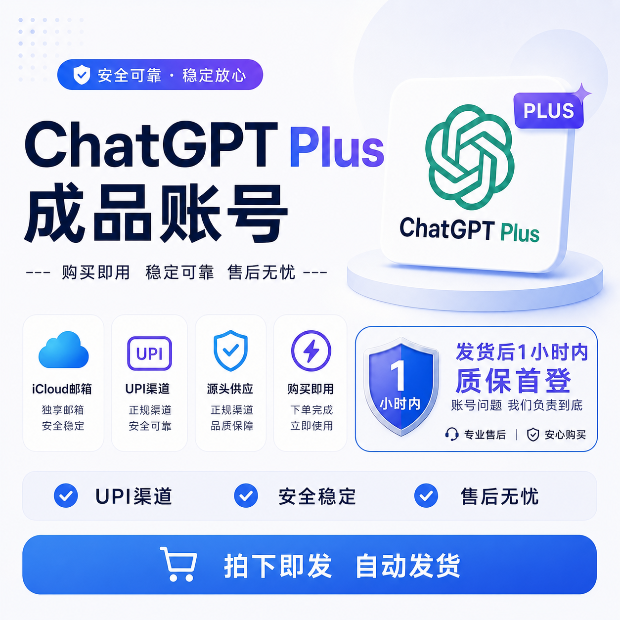 ChatGPT PLUS成品号 UPI渠道 未接码 质保首登 iCloud邮箱商品图片