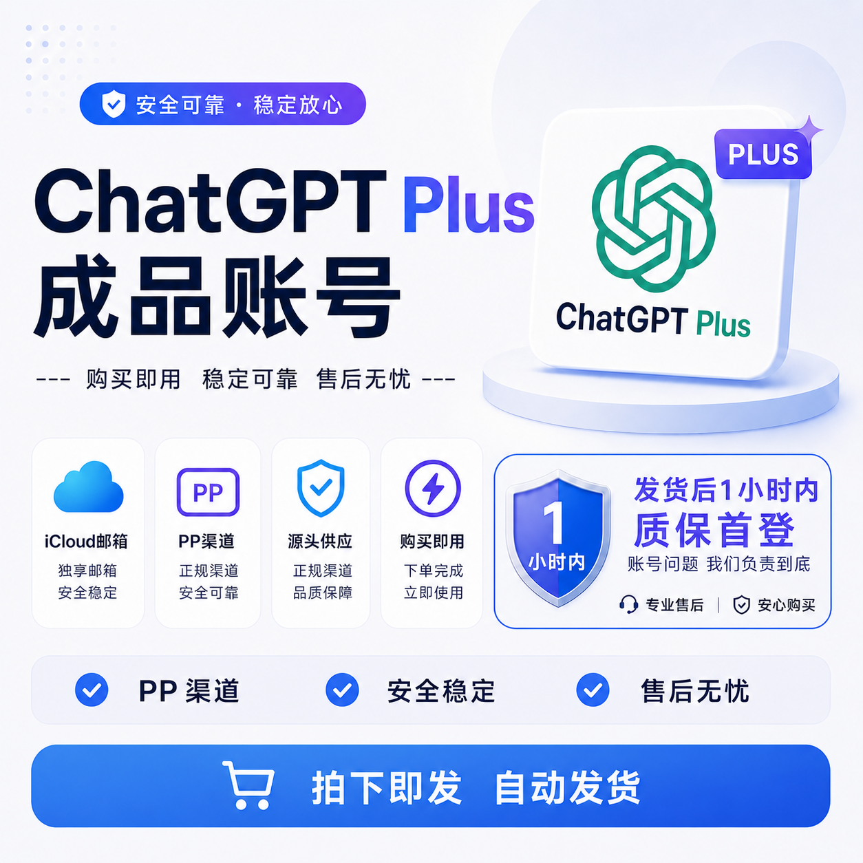 ChatGPT PLUS成品号 PP渠道 未接码 质保首登 Outlook邮箱商品图片