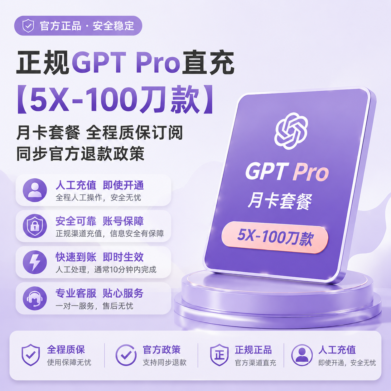 正规GPT Pro直充【5X-100刀款】 月卡套餐 全程质保订阅，同步官方退款政策商品图片