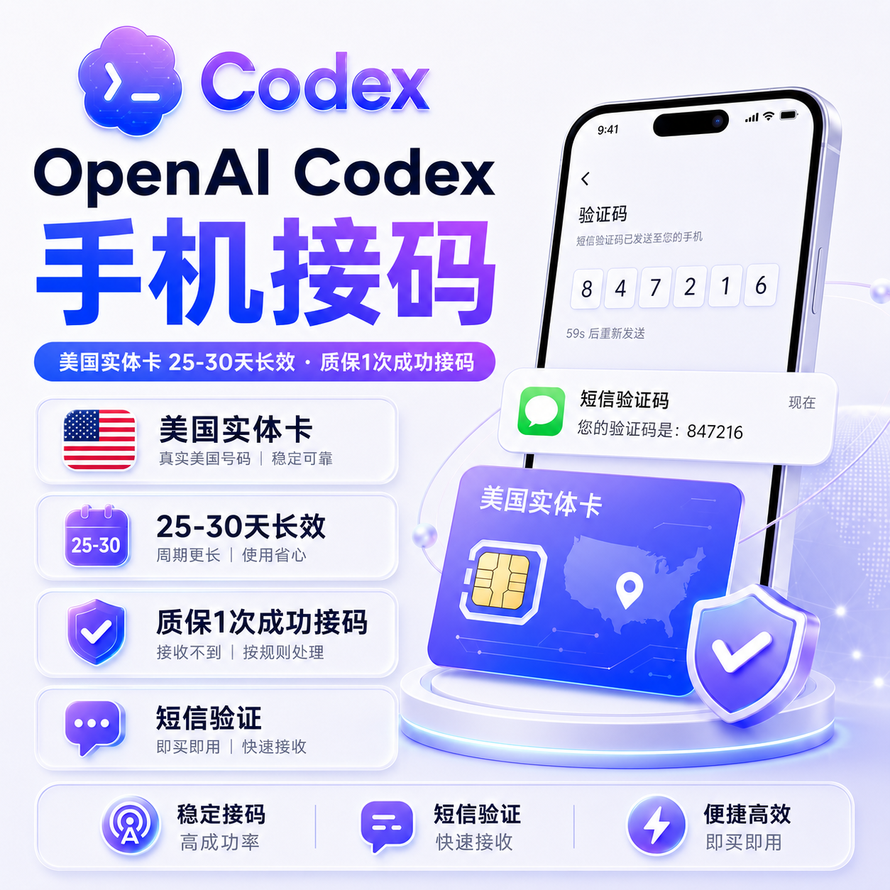 OpenAI Codex 手机接码（美国实体卡 25-30 天长效 - 质保1次成功接码）
