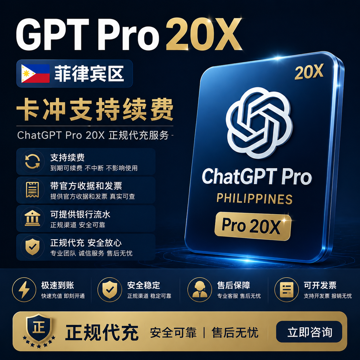 GPT Pro20X菲律宾区-卡冲支持续费 带官方收据和发票可提供银行流水 正规代充