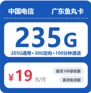 电信广东鱼丸卡19元包235G+100分钟