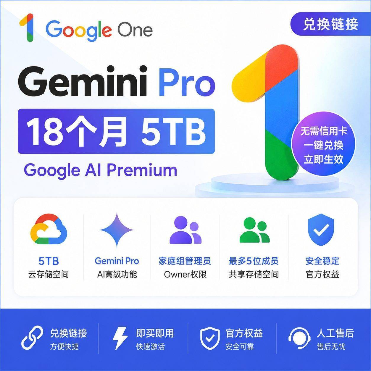 Gemini Pro 18个月 Google One 5TB(兑换链接,不需要绑卡)