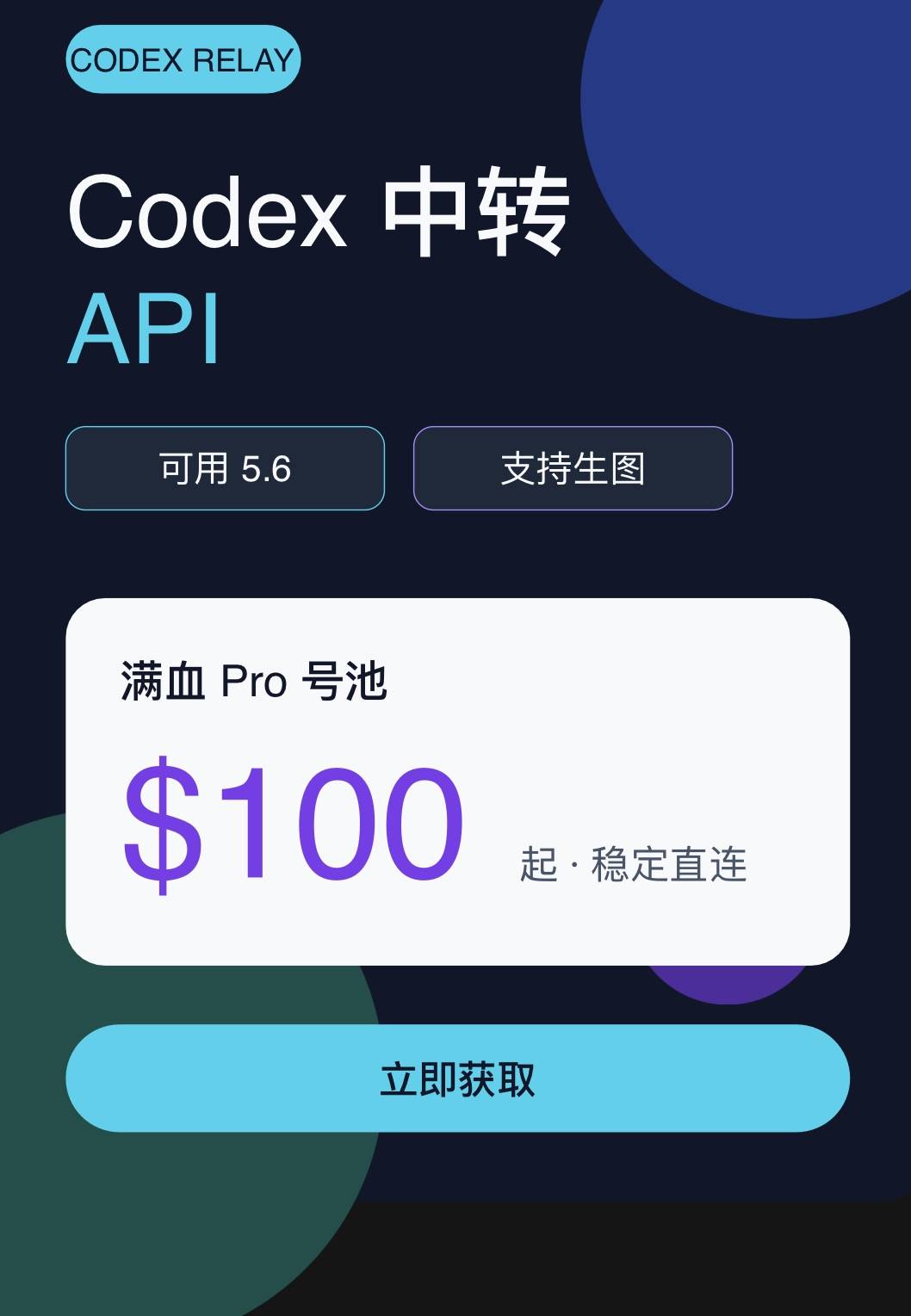 codex 中转 Api(可用 5.6，生图) 100$满血Pro号池商品图片