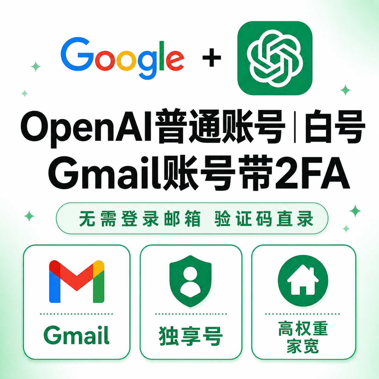 【Gmail带2FA版本】OpenAI普通账号｜白号｜free免费账号｜长效微软邮箱交付｜高权重家宽｜独享号｜商品图片