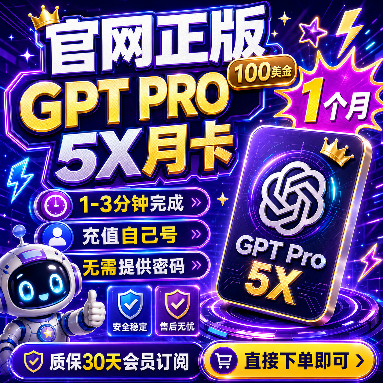 ChatGPT 5X Pro 订阅充自己账号（100美元Plus月度订阅）商品图片