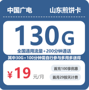 广电山东煎饼卡19元包130G+200分钟 仅发山东