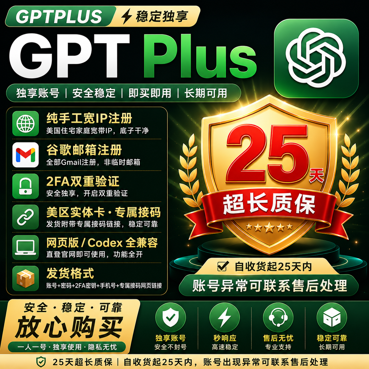 🏆【店铺自营·质保25天】ChatGPT Plus 帐号 · 支持codex,网页，谷歌邮箱注册 // 美区长效实卡接码商品图片