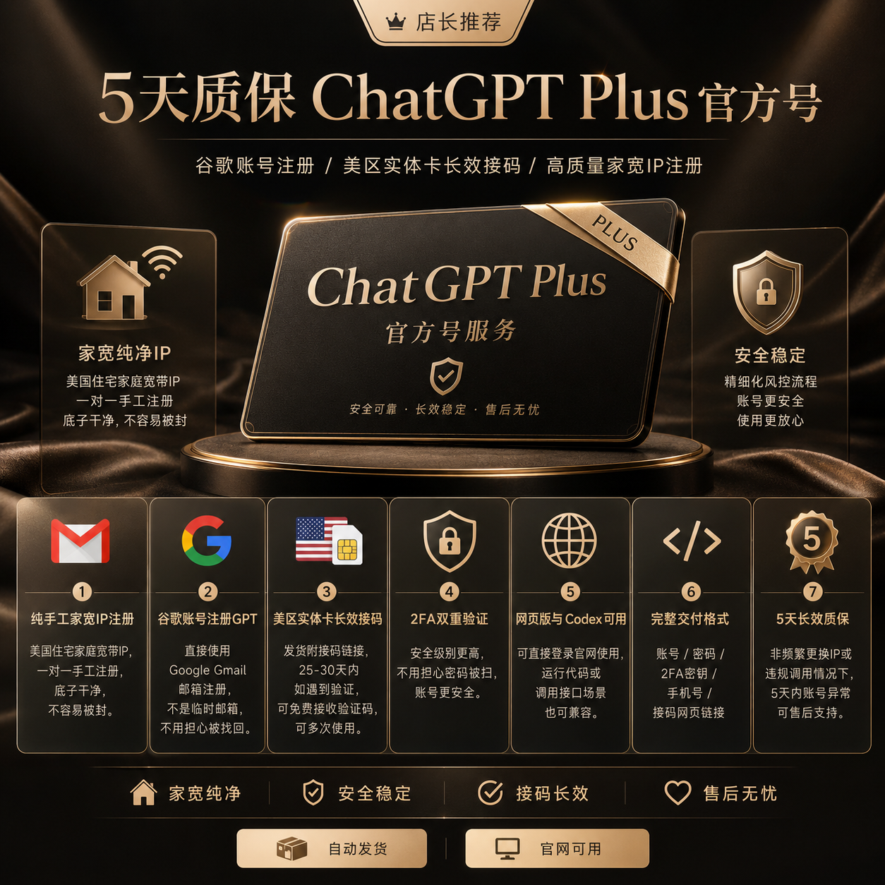 ⭐店长推荐：5天质保ChatGPT Plus官方号 ➔ 谷歌账号注册 / 美区实卡长效接码 / 高质量家宽IP注册商品图片