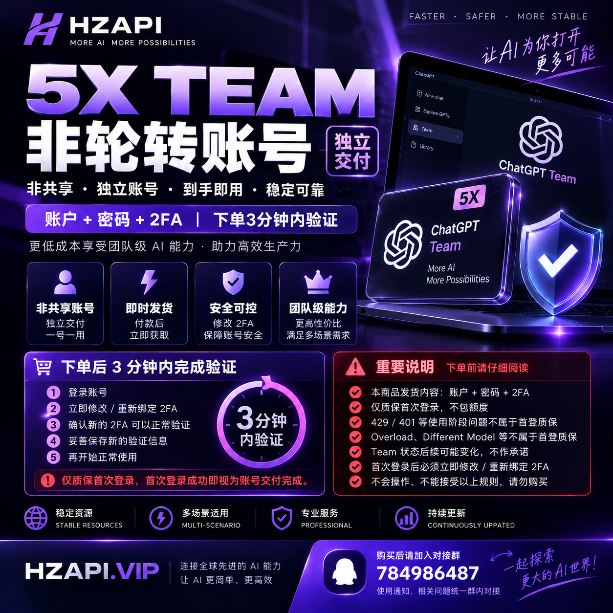 【自营|5X Team|8点发车| G邮】非轮换|账号+密码+2FA|首登1H