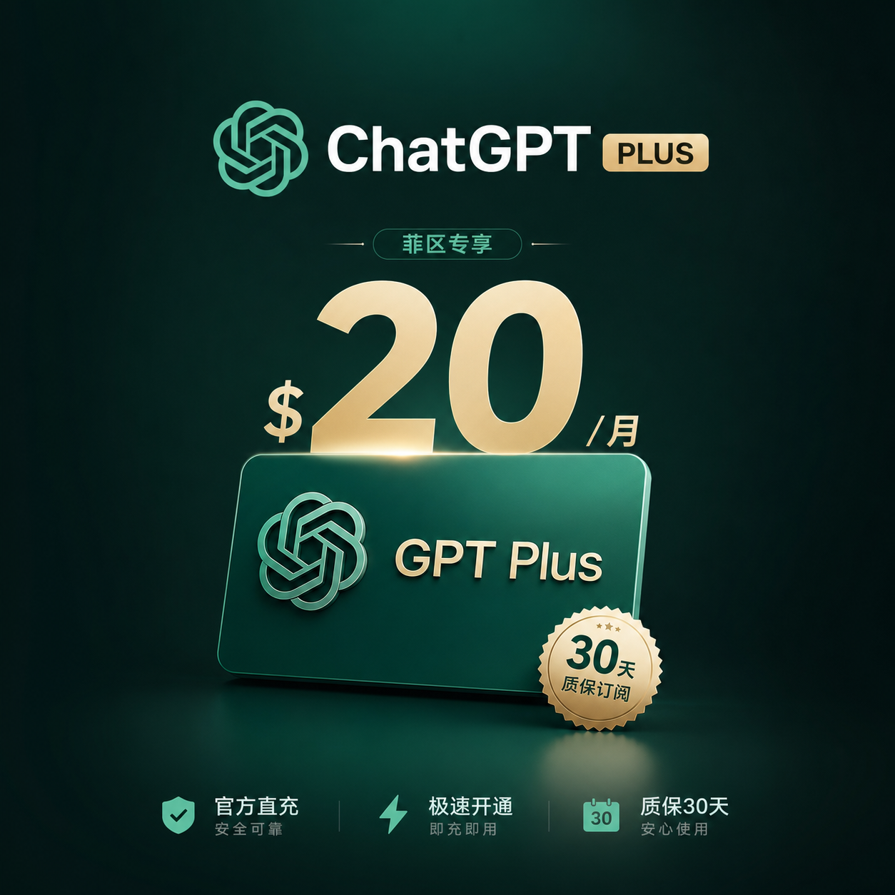 【官方直充】一个月菲区GPT Plus 20刀 质保订阅30天商品图片