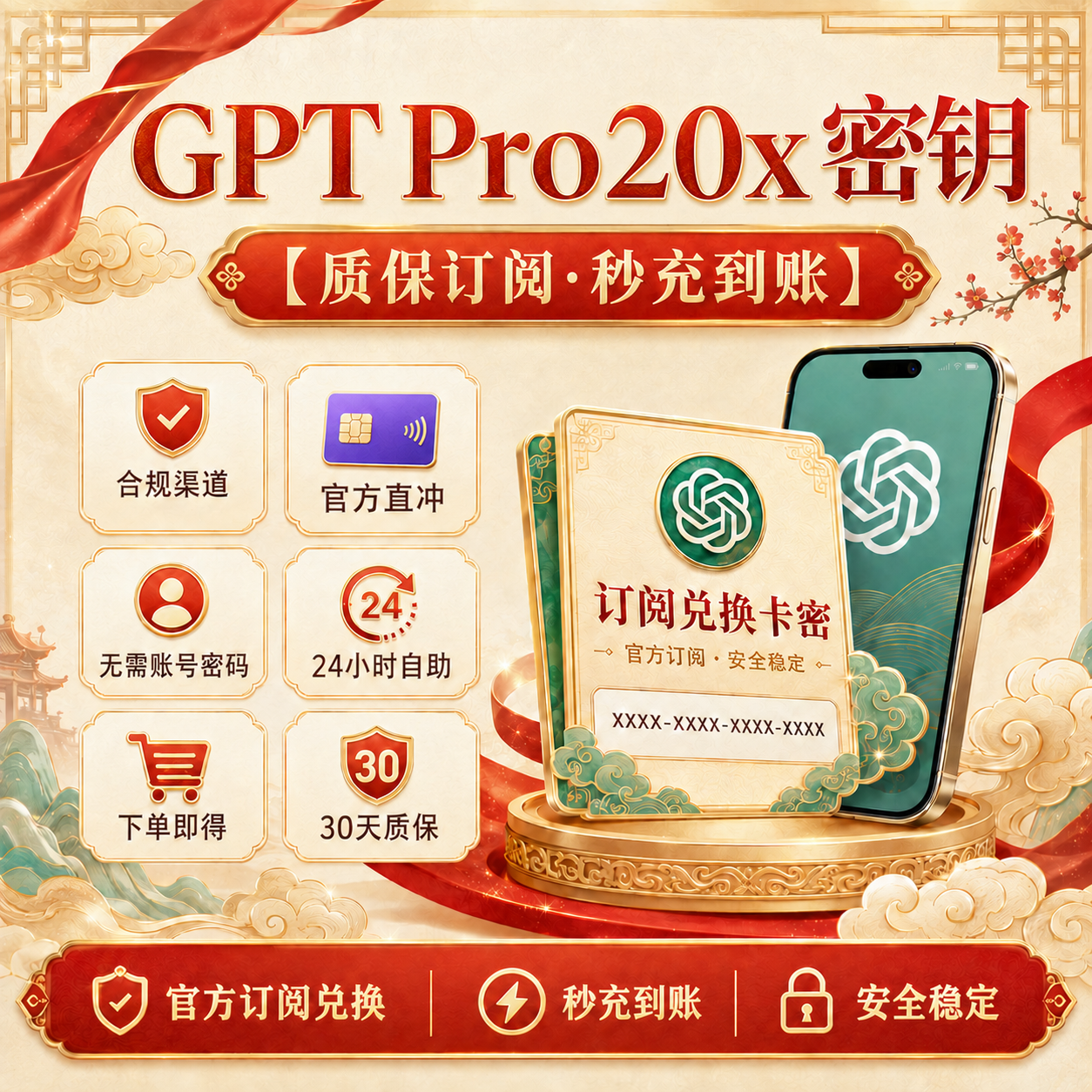 GPT Pro20X卡冲 带账单 正规代充 质保一个月(不可覆盖充值)商品图片