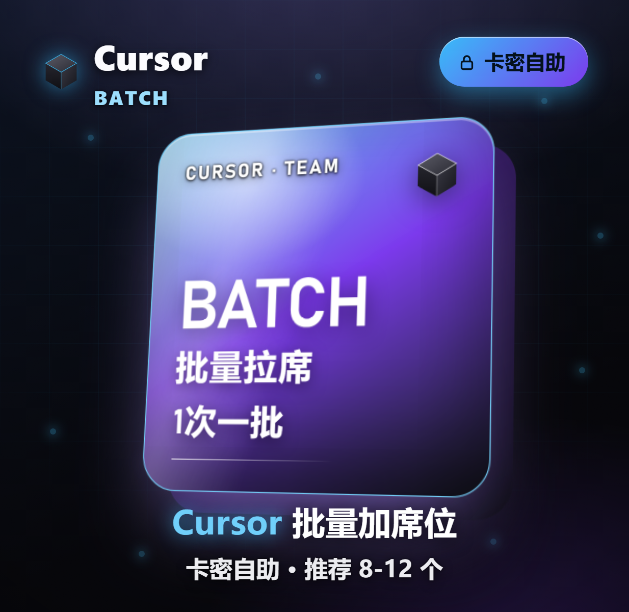 Cursor 团队批量加席位卡密 （推荐8-12个账号）
