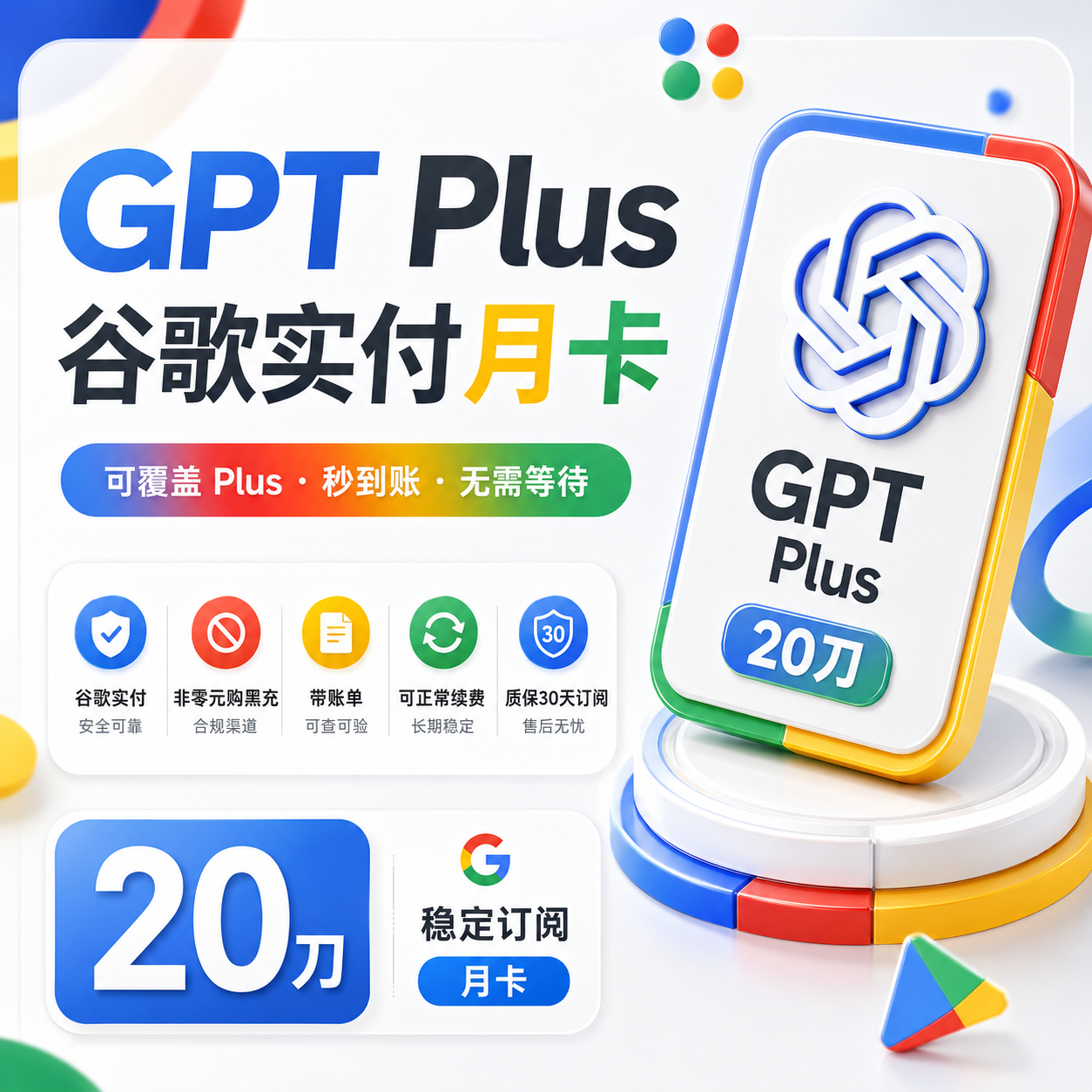【质保30天】GPT Plus月卡Google 实付【极速到账，有账单】商品图片
