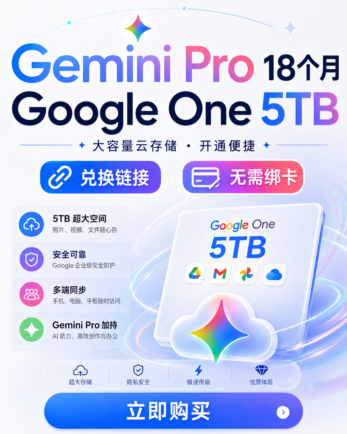 Gemini Pro 18个月 Google One 5TB(兑换链接,不需要绑卡)