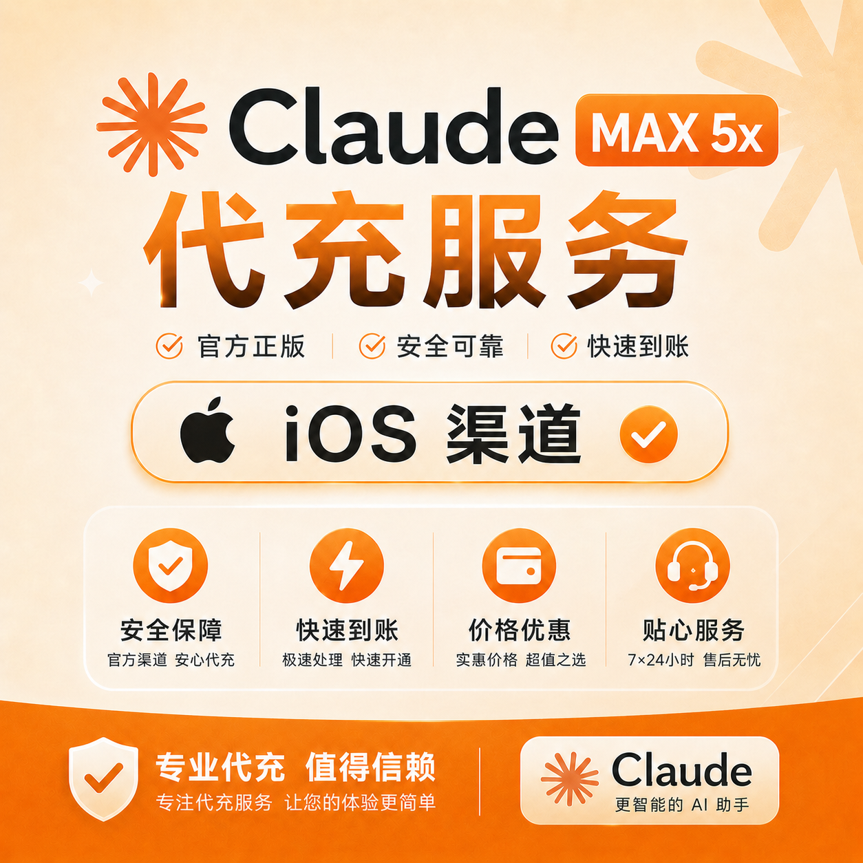 IOS【质保订阅】Claude MAX 5X 官方充值  免排队 秒充(5-10分钟到账)（可屯卡）商品图片