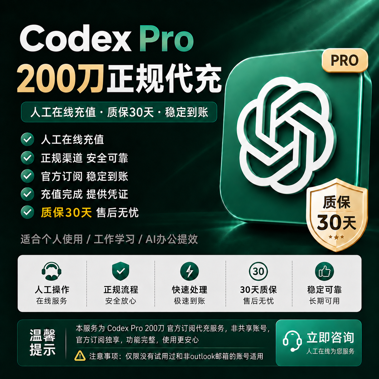 【官方代充】Codex Pro 10x 200刀 月卡（源头代充）商品图片