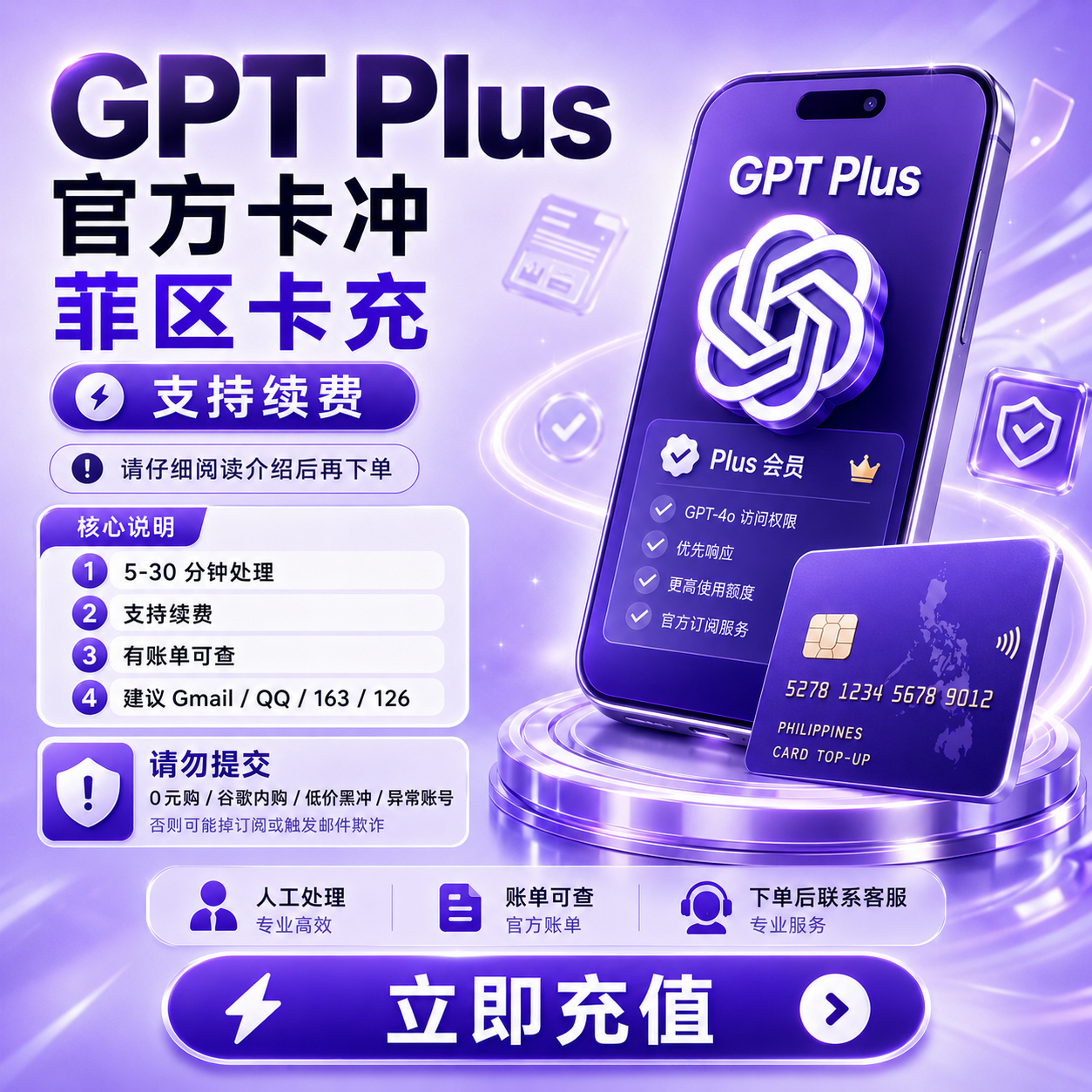 GPT Plus 【官方卡冲~保订阅】（菲区卡充）支持续费商品图片