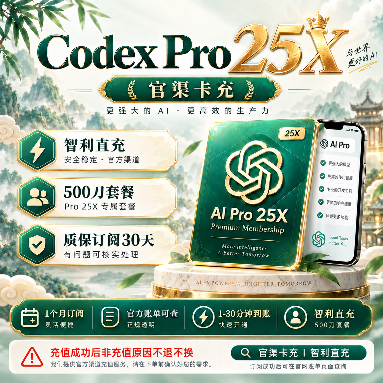 Codex Pro 25X【官渠卡充】智利直充｜（500 刀套餐）质保订阅30天商品图片